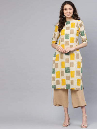 Women Off-White & Mustard Yellow Printed Straight Kurta