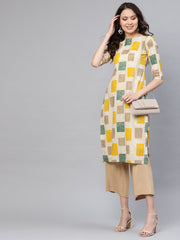 Women Off-White & Mustard Yellow Printed Straight Kurta