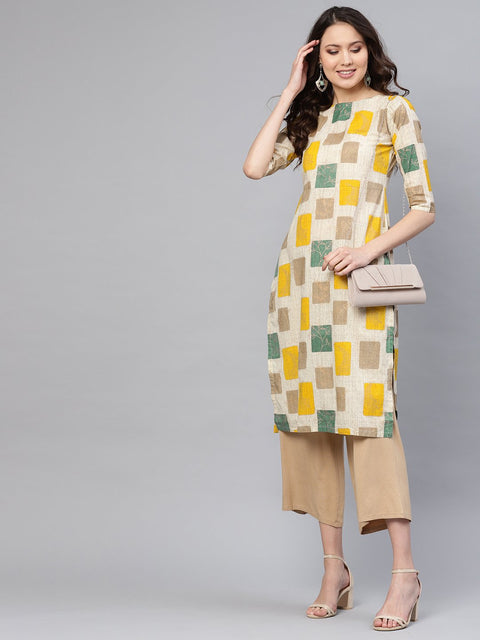 Women Off-White & Mustard Yellow Printed Straight Kurta