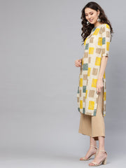 Women Off-White & Mustard Yellow Printed Straight Kurta