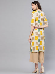 Women Off-White & Mustard Yellow Printed Straight Kurta