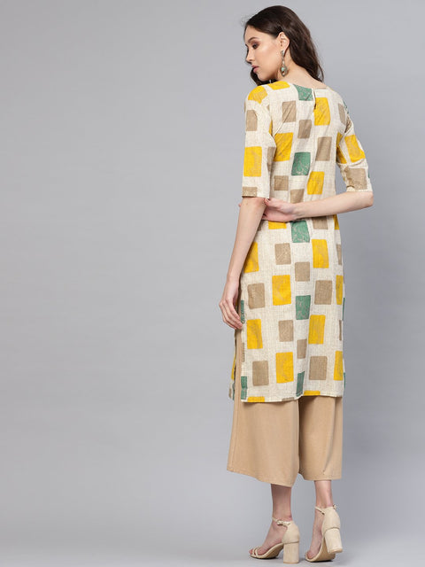 Women Off-White & Mustard Yellow Printed Straight Kurta