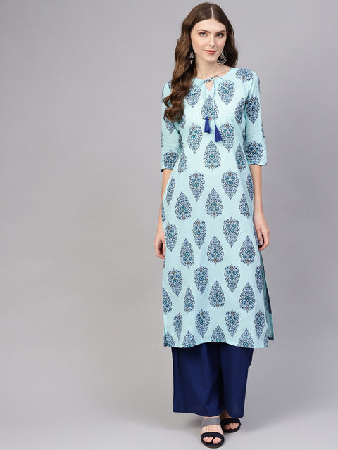 Women Blue Printed Straight Kurta