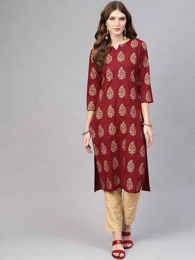 Maroon Gold Straight printed Kurta with Round neck & 3/4 sleeves