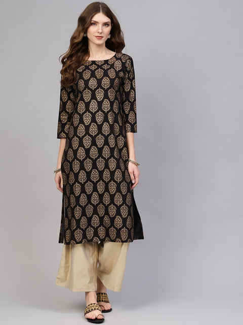 Women Black & Golden Printed Straight Kurta