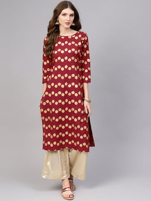 Women Maroon & Golden Printed Straight Kurta