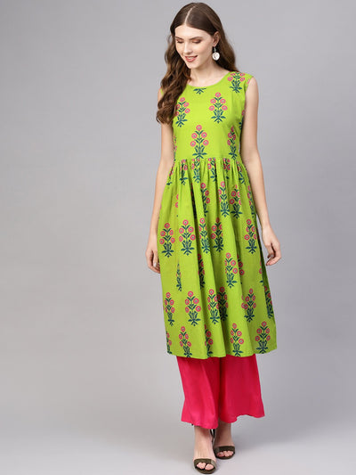 Women Green & Pink Printed Cotton A-Line Kurta