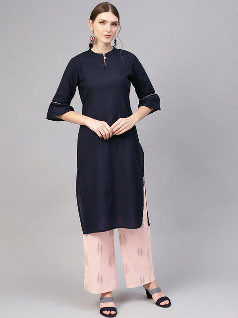 Women Navy Blue & Peach-Coloured Solid Kurta with Palazzos