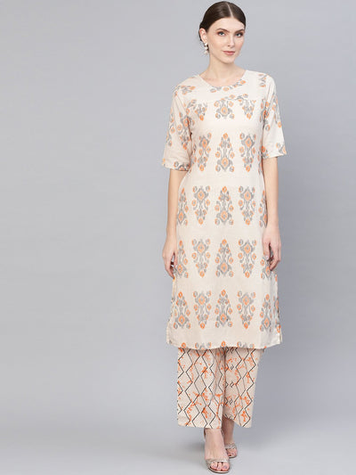 Women Off-White & Orange Printed Kurta with Palazzos
