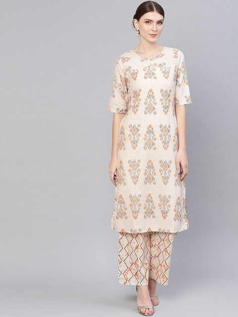 Off -white printed half sleeve cotton Kurta set with palazzo