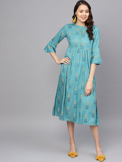 Women Blue Printed A-Line Dress