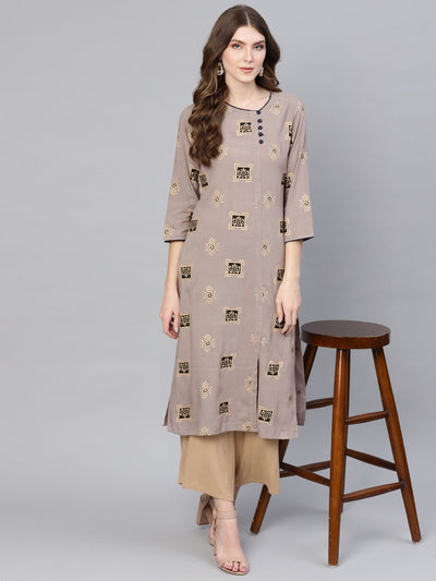 Grey Gold printed AngrAAha Style Straight kurta with V neck & 3/4 sleeves