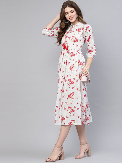 Pastel Blue Multi colored Floral printed Maxi Dress with Chinese collar with keyhole neck & 3/4  sleeves