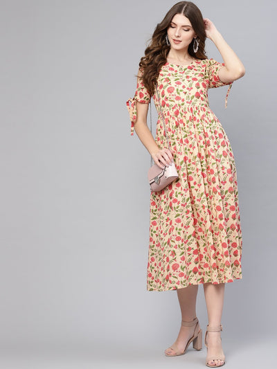 Women Beige & Pink Printed A-Line Dress