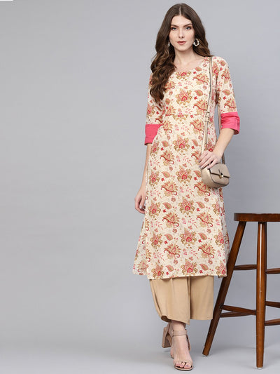 Women Cream-Coloured & Pink Printed Straight Kurta