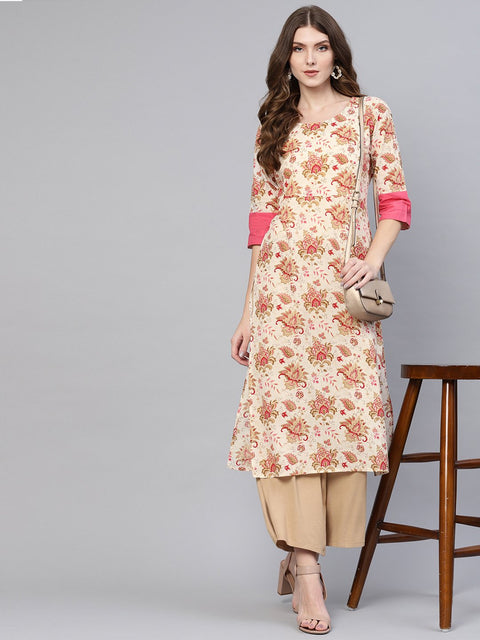 Women Cream-Coloured & Pink Printed Straight Kurta