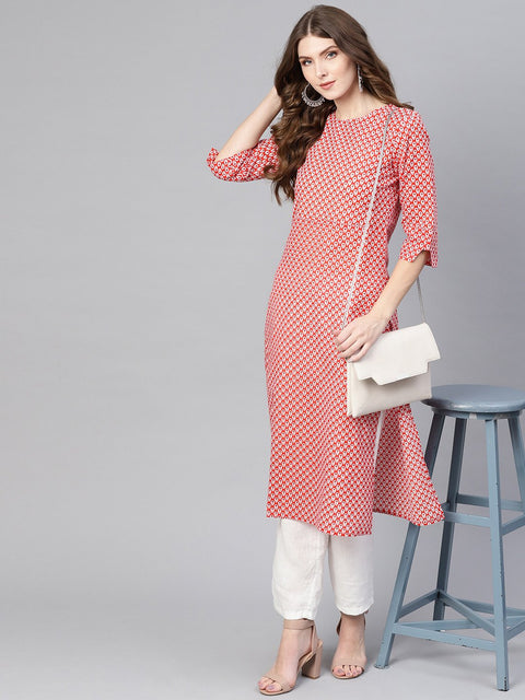 Women Red & White Printed Straight Kurta
