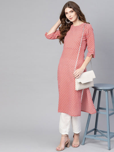 Red floral printed round neck with back keyhole 3/4th sleeves straight kurta