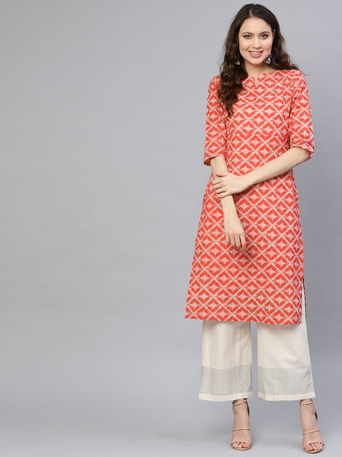 Women Red & Off-White Printed Straight Kurta