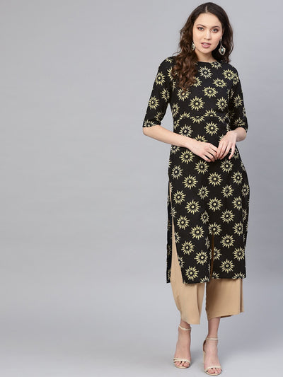 Women Black & Cream Printed Straight Kurta