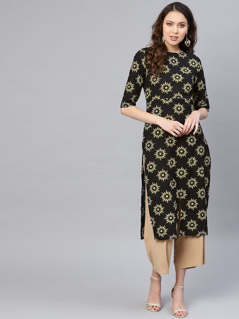Women Black & Cream Printed Straight Kurta