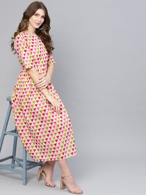 Women Cream-Coloured & Pink Printed A-Line Dress