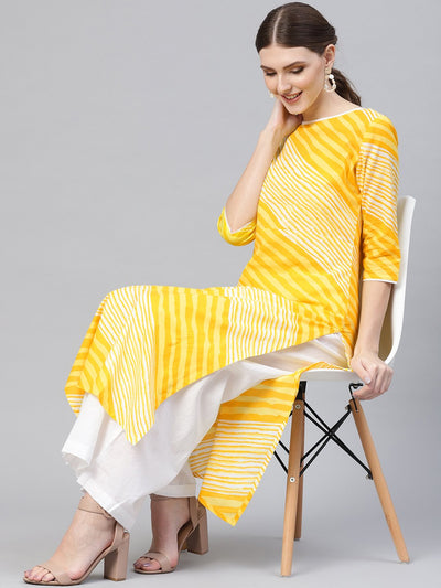 Women Yellow & White Leheriya Print Kurta with Palazzos