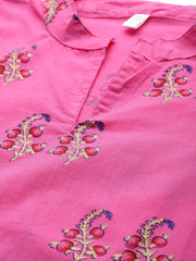 AASI - HOUSE OF NAYO Women Floral Pink with gold printed chinese collared with 3/4th sleeves straight kurta with pink leheriya printed pants