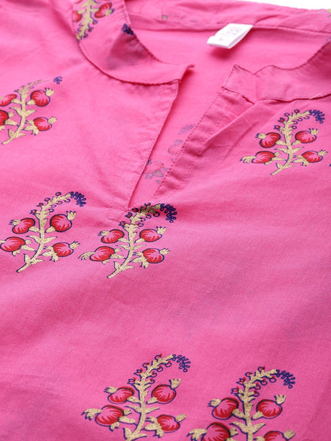 AASI - HOUSE OF NAYO Women Floral Pink with gold printed chinese collared with 3/4th sleeves straight kurta with pink leheriya printed pants