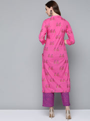 AASI - HOUSE OF NAYO Women Floral Pink with gold printed chinese collared with 3/4th sleeves straight kurta with pink leheriya printed pants