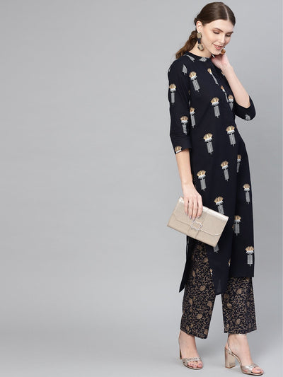 Women Navy Blue & Golden Printed Kurta with Trousers