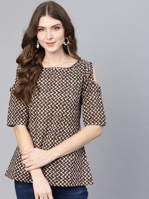 Beige & brown chevron printed boat neck top with 3/4th sleeves