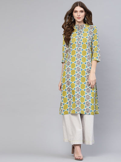 Women Green & Grey Printed Straight Kurta