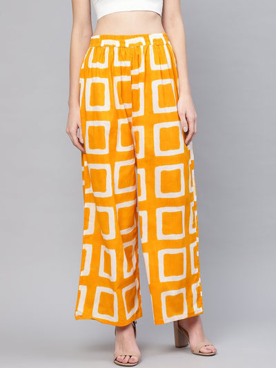 Women Mustard Yellow & Off-White Printed Wide Leg Palazzos