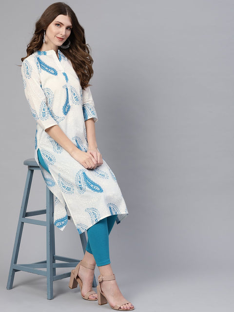 Women White & Blue Printed Straight Kurta