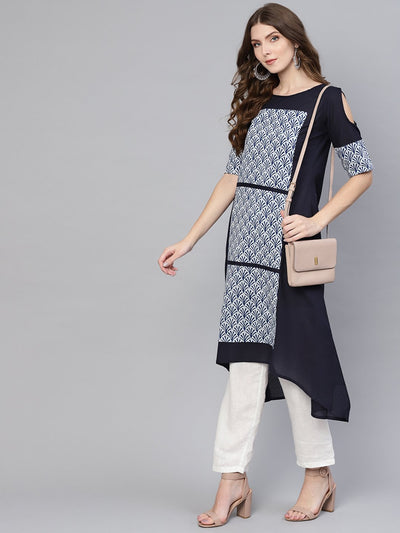 Women Navy Blue & White Printed Cold-Shoulder A-Line Kurta