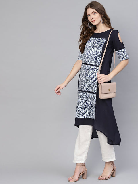 Women Navy Blue & White Printed Cold-Shoulder A-Line Kurta