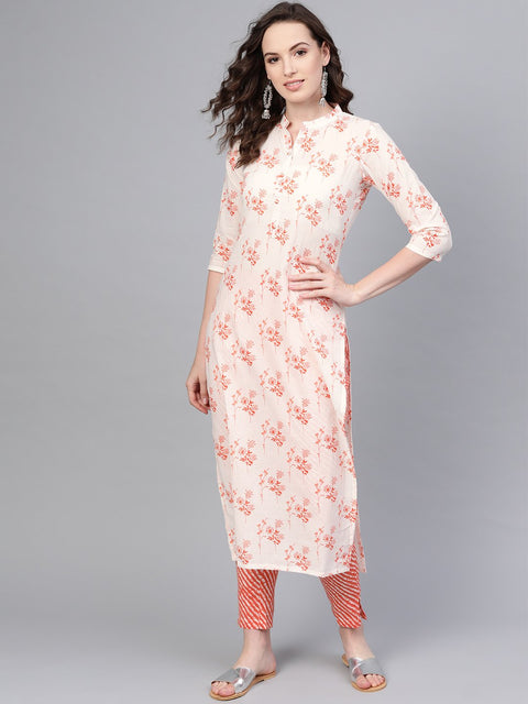 White & Orange Straight Kurta set with Lehriya pants