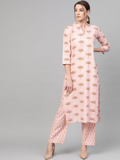 Peach printed Mandarin collared Kurta Set with Straight Pant