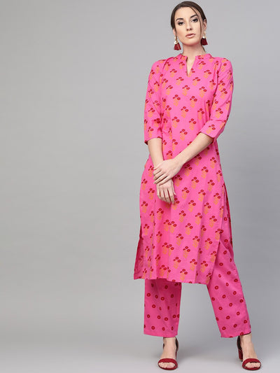 Pink Printed cotton Kurta set with Straight pant