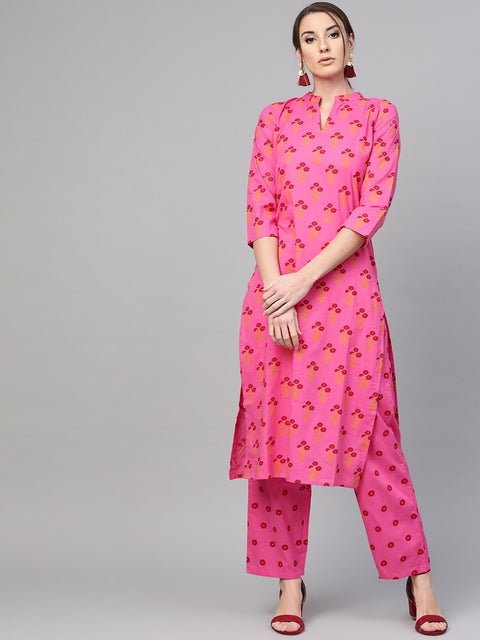 Pink Printed cotton Kurta set with Straight pant