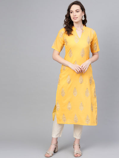 Yellow gold printed Kurta with Mandarin collar with half sleeves