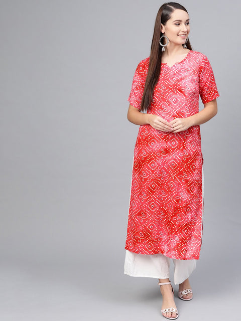 Coral Pink bandhani Printed straight cotton Kurta