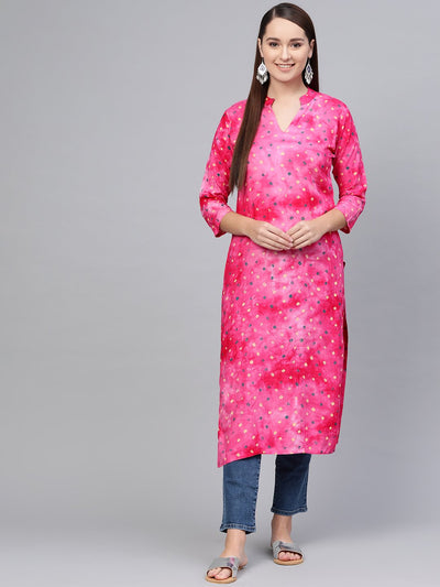 Magenta Bandhini Kurta with Mandarin collar with 3/4 sleeves