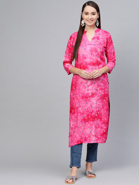 Magenta Bandhini Kurta with Mandarin collar with 3/4 sleeves
