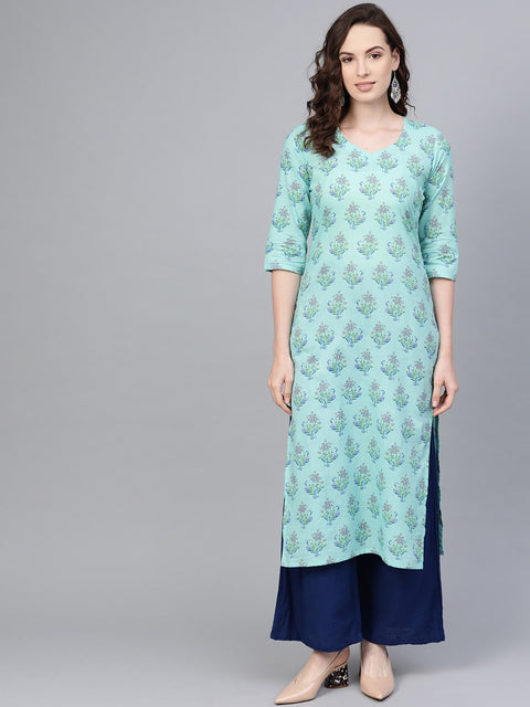 Pastel Blue Multi colored Printed Straight Kurta with Sweet heart neck & 3/4 sleeves