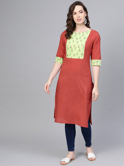 Solid Maroon Straight Kurta with Printed yoke & cuff detailing