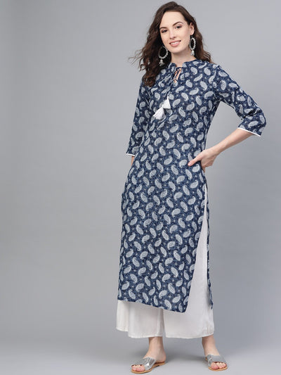 Indigo Blue & white printed Straight Kurta with Madarin collar & 3/4 sleeves