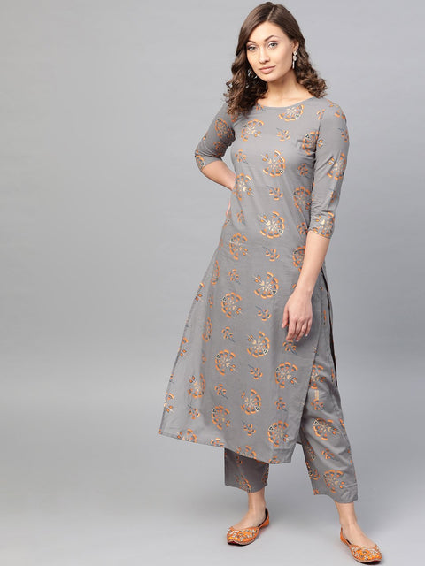 Slate Grey Multi colored printed Straight kurta Set with Straight Pants