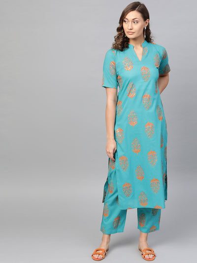 Blue & Orange Printed Straight Kurta Set with Pants
